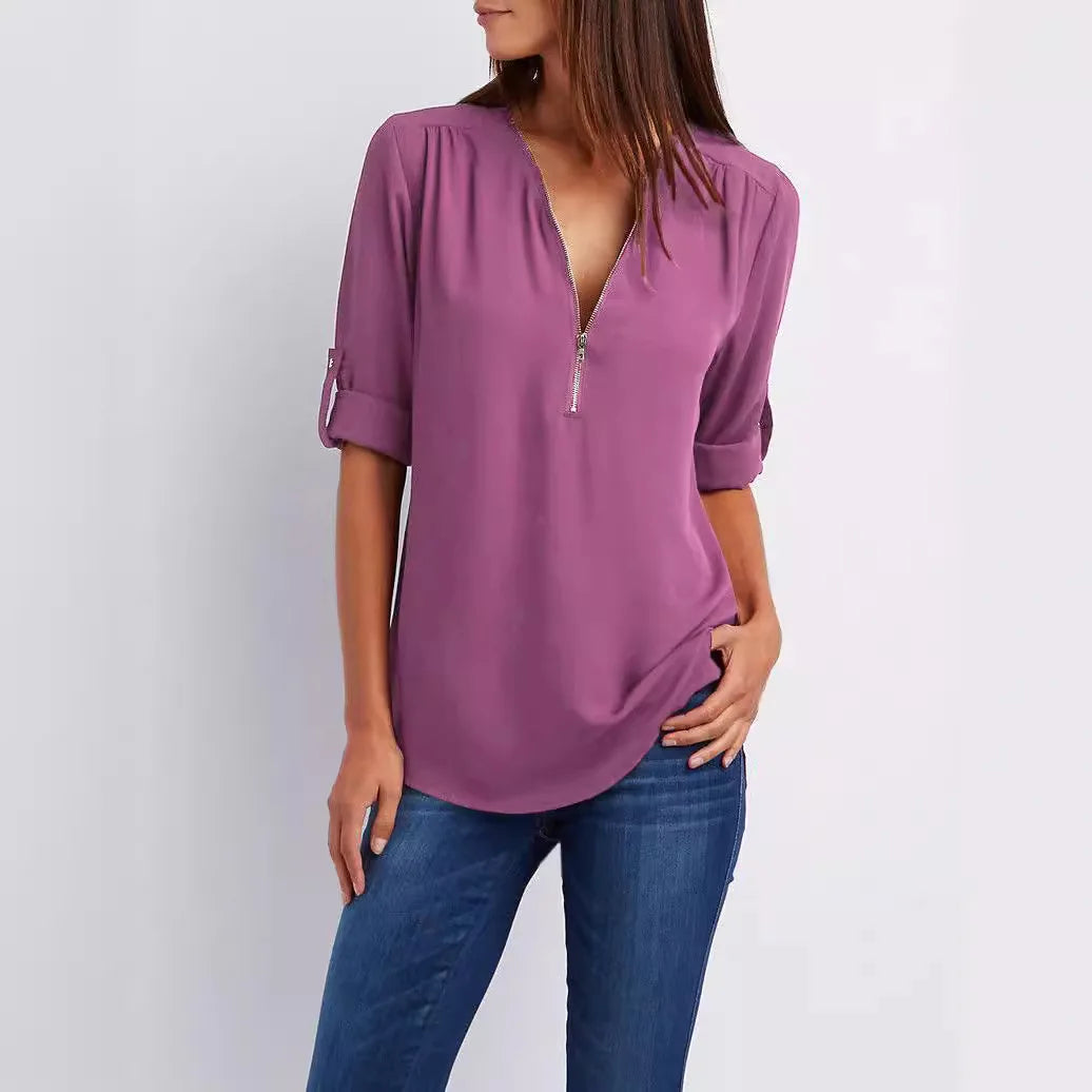 V-Neck Chiffon Blouse for Women  Casual Loose Fit Zipper Pullover Top