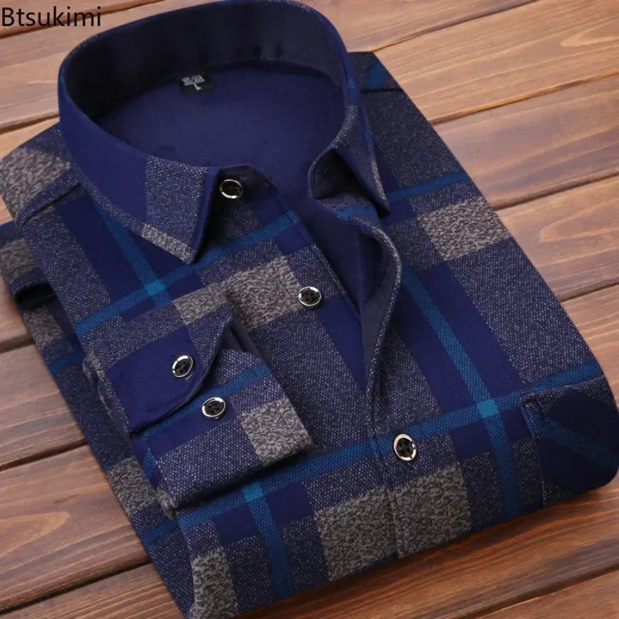 Men's Winter Warm Long Sleeve Plaid Flannel Shirt: Thick Fur Lined Casual Dress Shirt