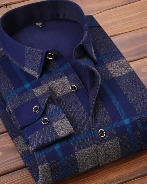 Men's Winter Warm Long Sleeve Plaid Flannel Shirt: Thick Fur Lined Casual Dress Shirt