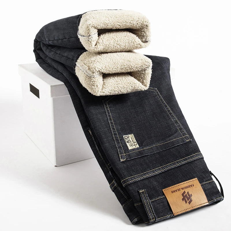 Winter Lamb Fluff Denim Pants: Thicken Fleece-Lined High-Waist Slim Jeans for Men