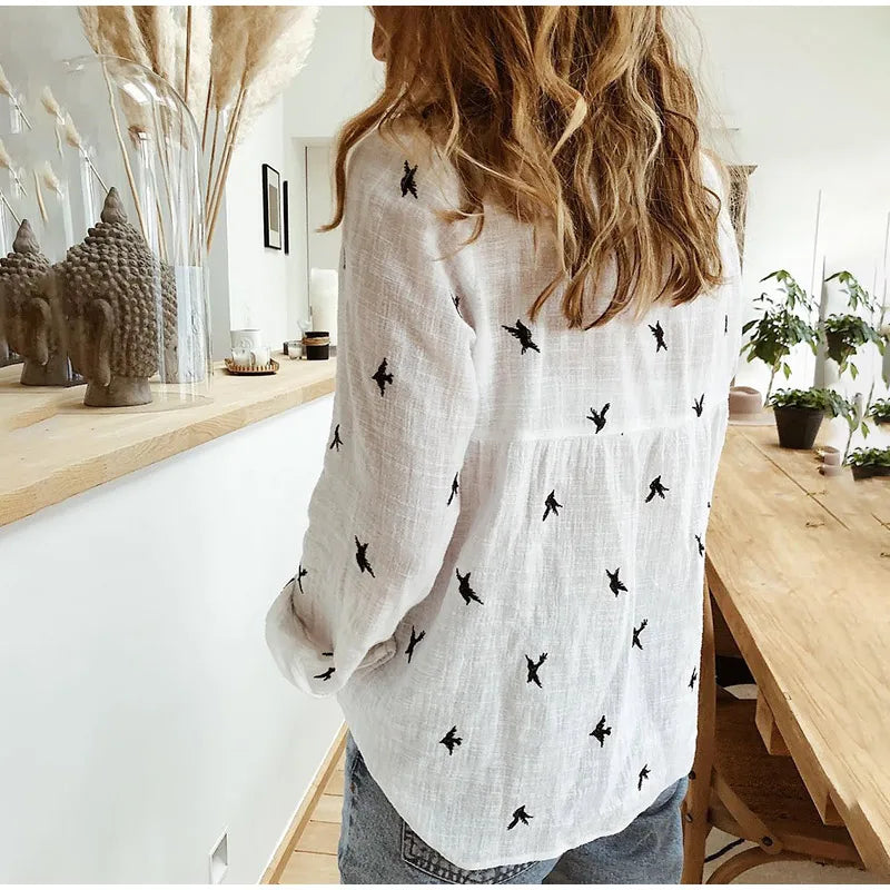 Fashion Women's Print Shirt Women's Long Sleeve Top Cotton Office Casual Loose Top