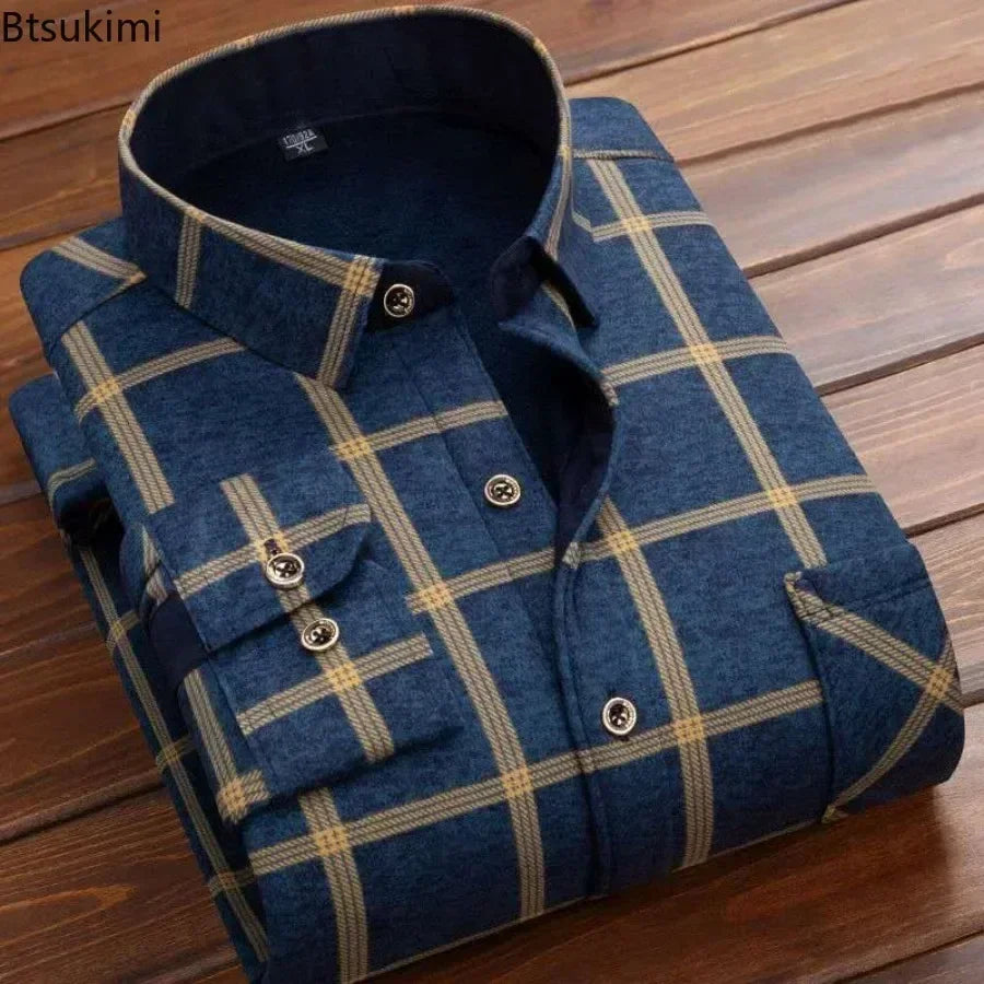 Men's Winter Warm Long Sleeve Plaid Flannel Shirt: Thick Fur Lined Casual Dress Shirt