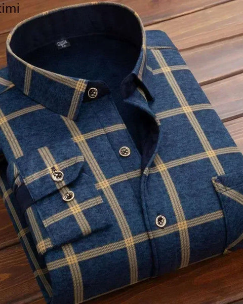 Men's Winter Warm Long Sleeve Plaid Flannel Shirt: Thick Fur Lined Casual Dress Shirt