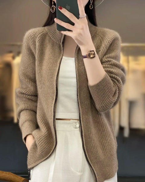 100% Pure Wool Zipper Cardigan Padded Shoulder Stand Collar Women's Cashmere Knitted Coat New Lapel Sweater