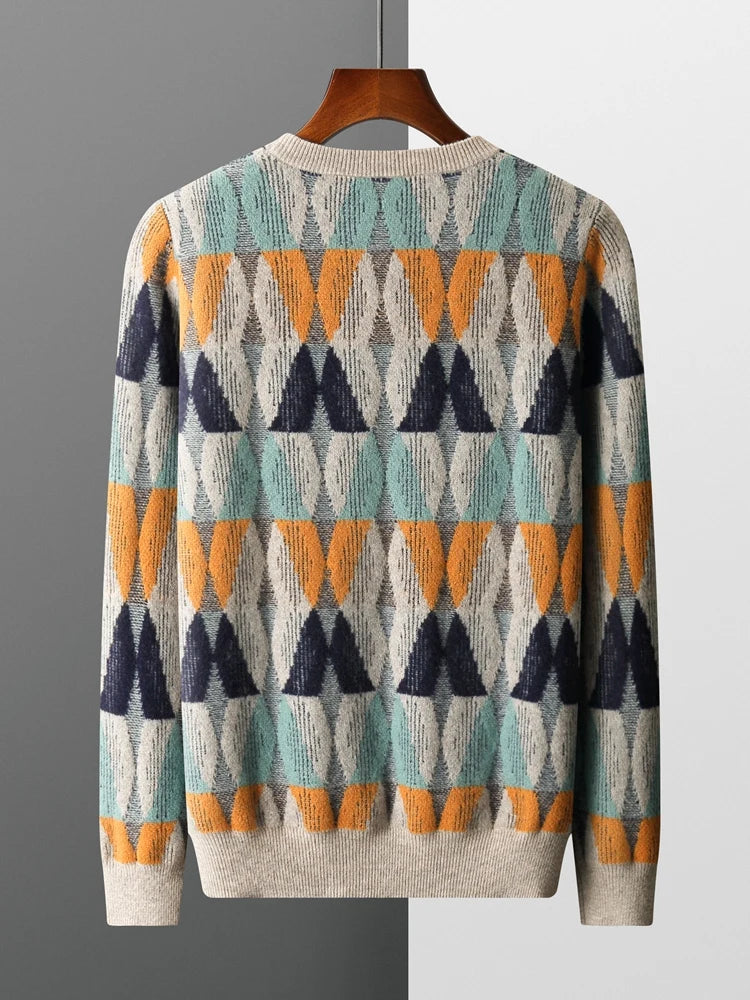 Men's 100% Merino Wool O-Neck Pullover: Vintage Jacquard Cashmere Sweater for Autumn/Winter