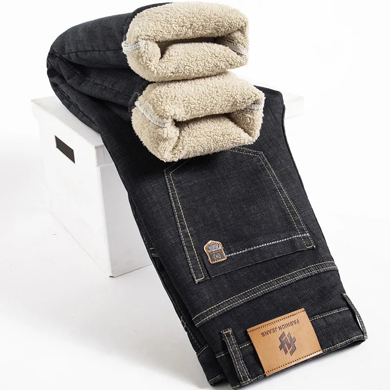 Winter Lamb Fluff Denim Pants: Thicken Fleece-Lined High-Waist Slim Jeans for Men