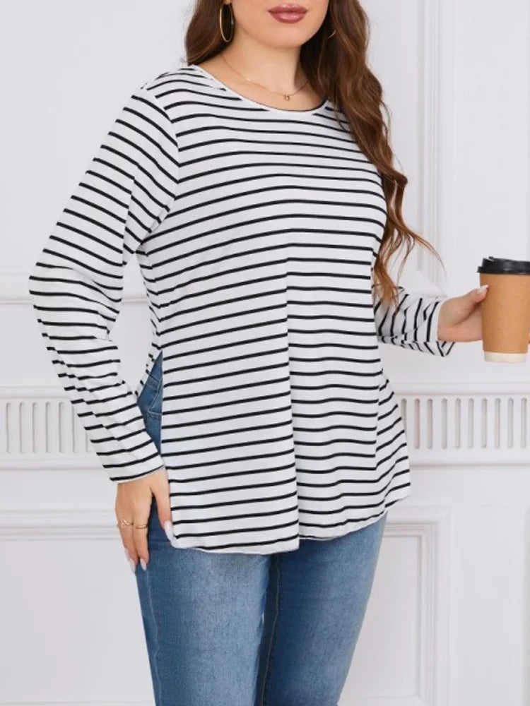 Striped Split O-Neck Long T Shirt