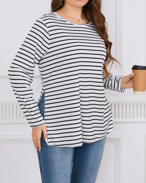 Striped Split O-Neck Long T Shirt