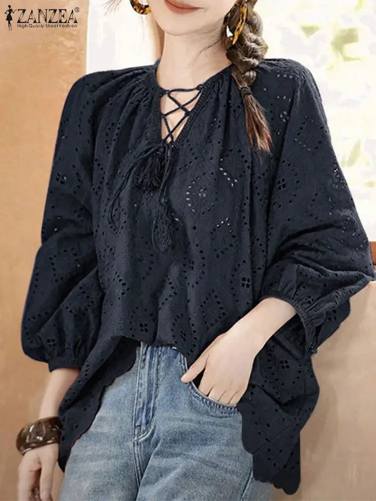 Bohemian Lace Trim Blouses for Women Casual Hollow Out Embroidery Tunic Tops with 3/4 Sleeves