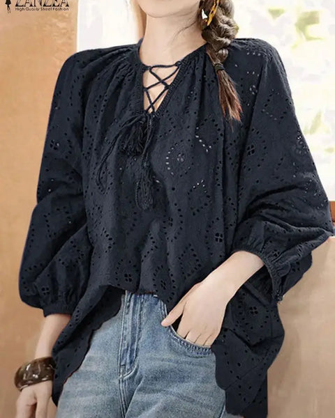 Bohemian Lace Trim Blouses for Women Casual Hollow Out Embroidery Tunic Tops with 3/4 Sleeves