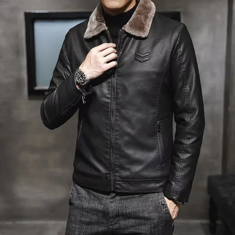 Men's Vintage Brown Leather Jacket: Winter Windproof Coat with Faux Fur Collar