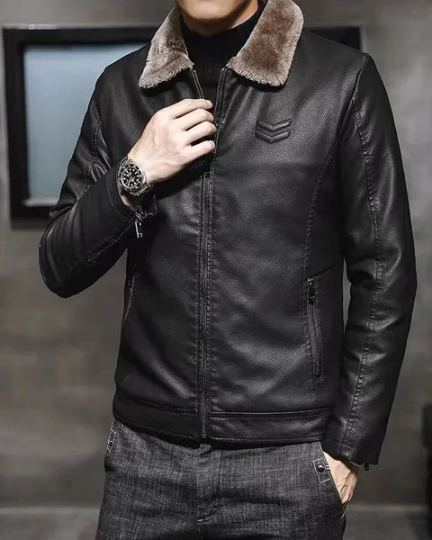 Men's Vintage Brown Leather Jacket: Winter Windproof Coat with Faux Fur Collar