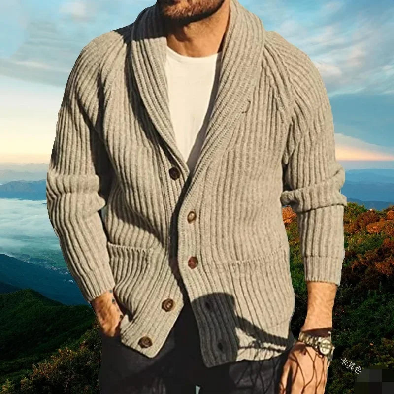 Men's Slim Fit Solid Color Long Sleeve Lapel Knitted Cardigan Sweater Coat for Autumn & Winter