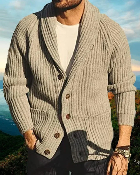 Men's Slim Fit Solid Color Long Sleeve Lapel Knitted Cardigan Sweater Coat for Autumn & Winter