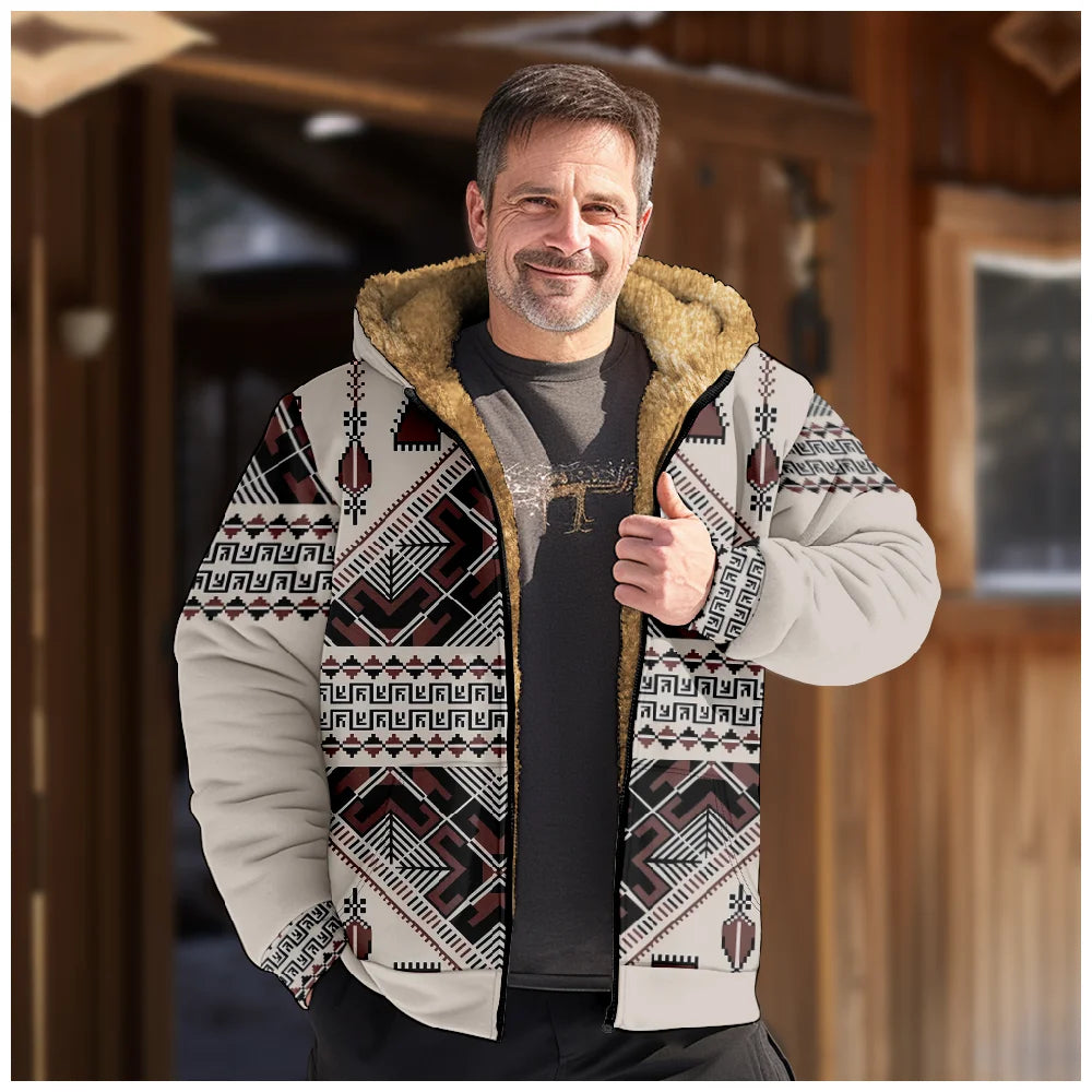 Men's Tribal Graphic Zip-Up Hoodie: Cozy Winter Fleece Parka & Casual Jacket