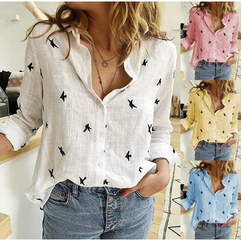 Fashion Women's Print Shirt Women's Long Sleeve Top Cotton Office Casual Loose Top