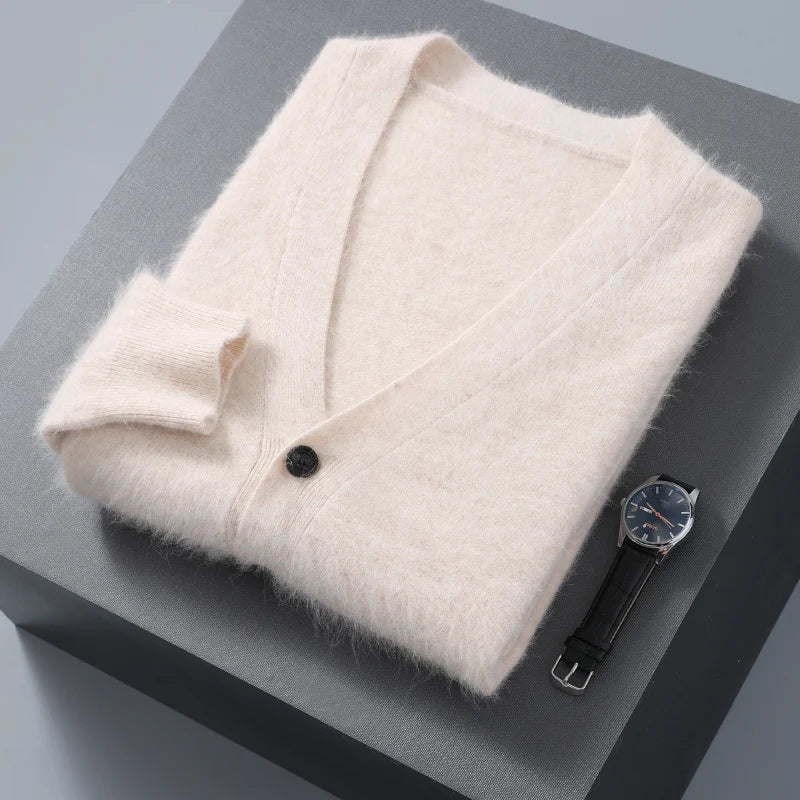 Men's Winter V-Neck Cardigan: 100% Mink Cashmere Loose Knitted Sweater with Long Sleeves