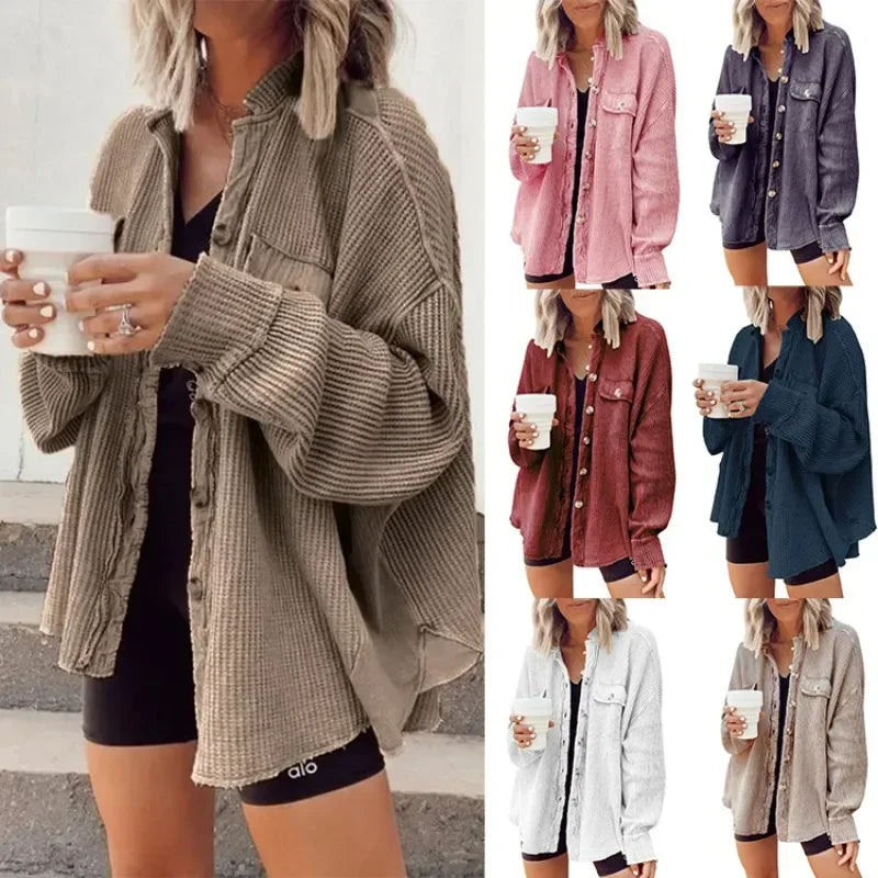 Trendy European & American Women's Coat: Casual Lapel Pocket Patchwork Shirt Jacket