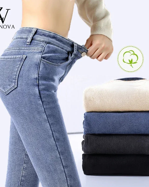 Winter Thick Velvet Women High Waist Skinny Jeans Simple Fleece Warm Slim Fit Stretch  Denim Pencil Pants