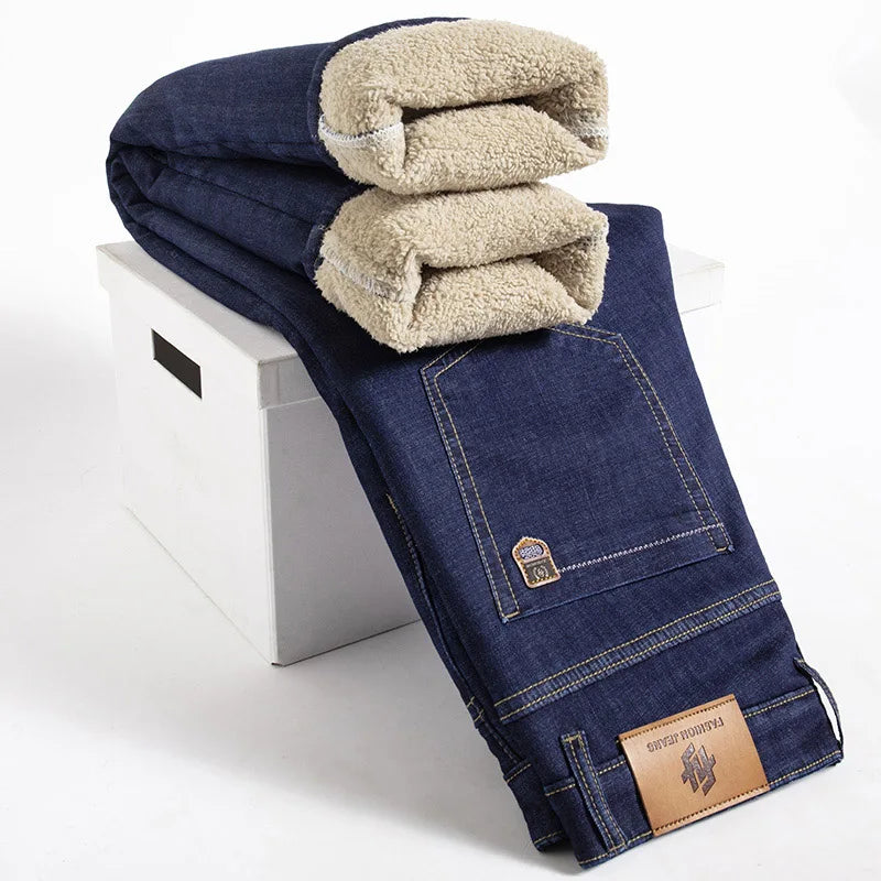 Winter Lamb Fluff Denim Pants: Thicken Fleece-Lined High-Waist Slim Jeans for Men