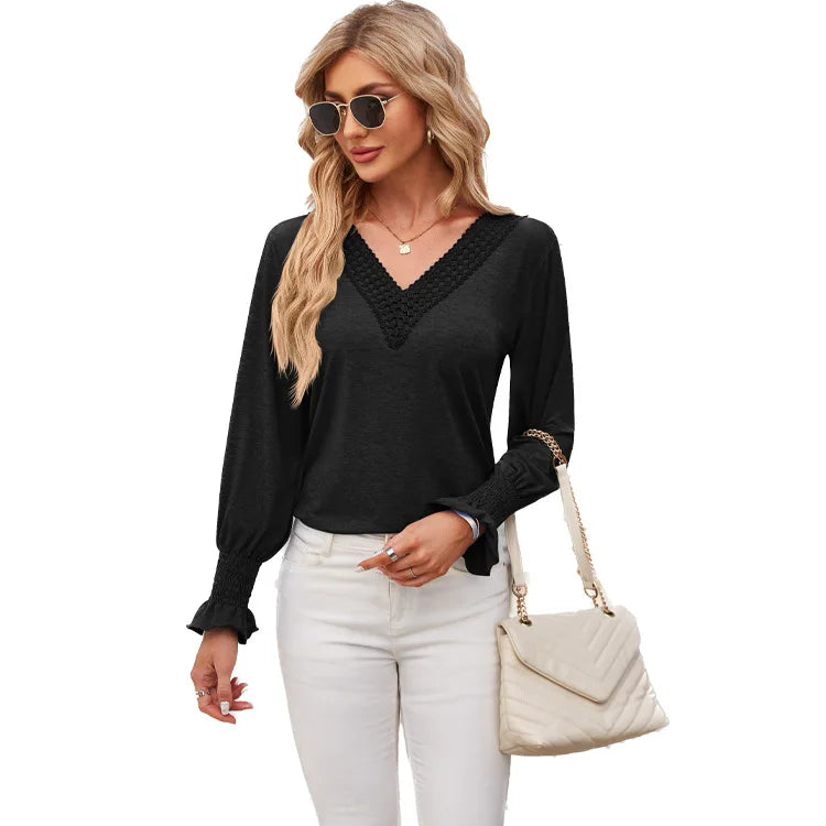 Women's Long Sleeve T-shirt Solid V-neck Patchwork