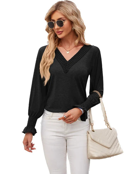 Women's Long Sleeve T-shirt Solid V-neck Patchwork