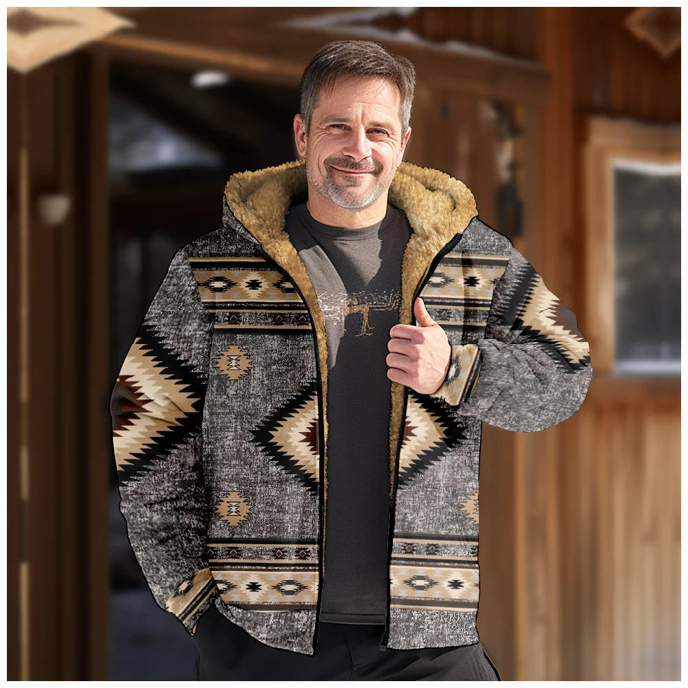 Men's Tribal Graphic Zip-Up Hoodie: Cozy Winter Fleece Parka & Casual Jacket