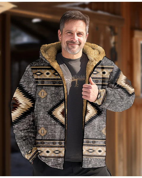 Men's Tribal Graphic Zip-Up Hoodie: Cozy Winter Fleece Parka & Casual Jacket