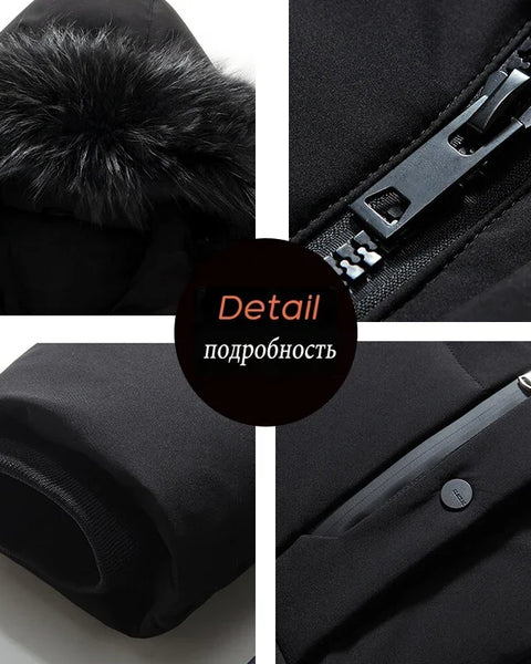 Men's Down Jacket Mid-Length Winter Thick 90% White Duck Down Jacket Natural Animal Fur Collar Multi-Pockets Overcoat Men