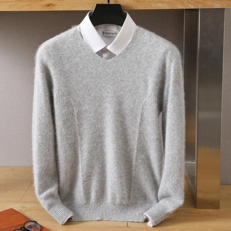 Men's 100% Pure Mink Cashmere V-Neck Sweater: Large Size Knit Pullover for Winter - High-End Long Sleeve Jumper