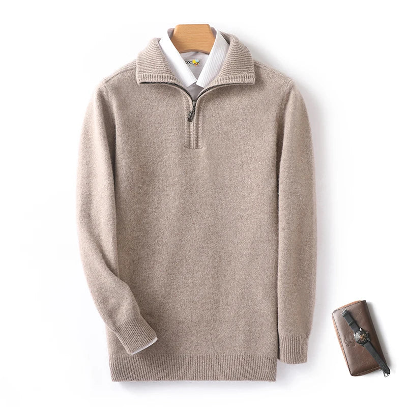 Men's 100% Merino Wool Half Zip Sweater: Thickened Warm Casual Knit for Winter