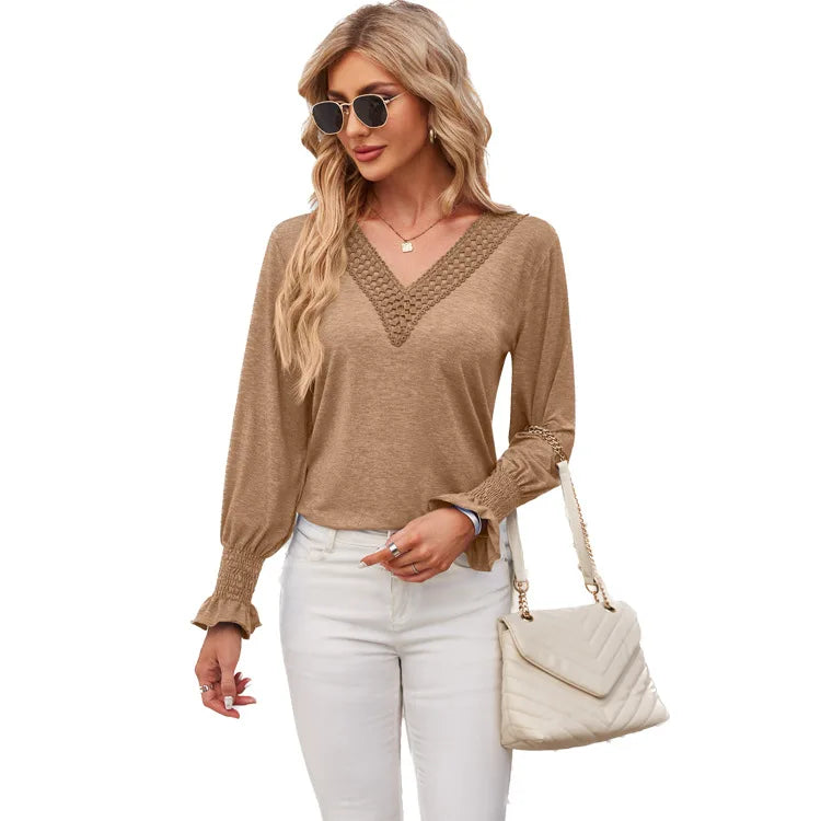 Women's Long Sleeve T-shirt Solid V-neck Patchwork