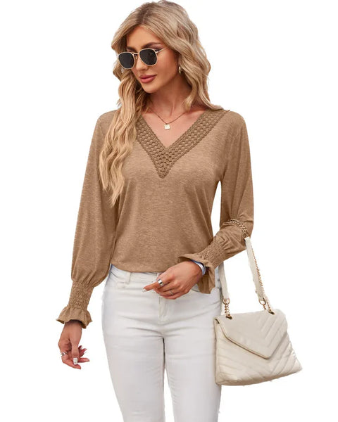 Women's Long Sleeve T-shirt Solid V-neck Patchwork