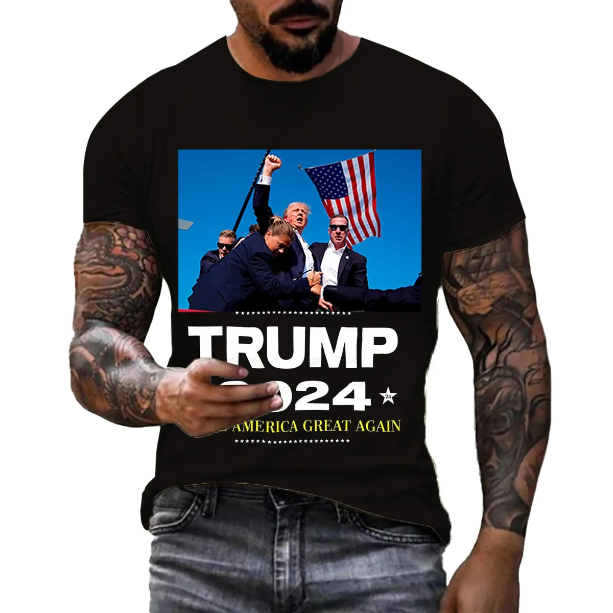 Trump 2024 3D Graphic Tee: USA Flag Streetwear for Men & Women