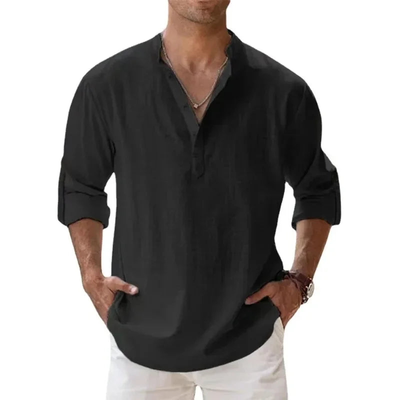 Lightweight Men's Cotton Linen Long Sleeve Shirt  Perfect for Casual Wear