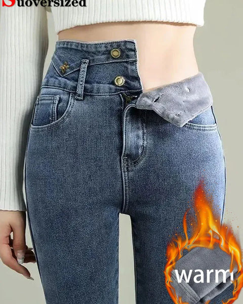 Winter Women Thicken Skinny Pencil Jeans  Warm High Waist Stretch Velvet Lined Vintage Denim Pants