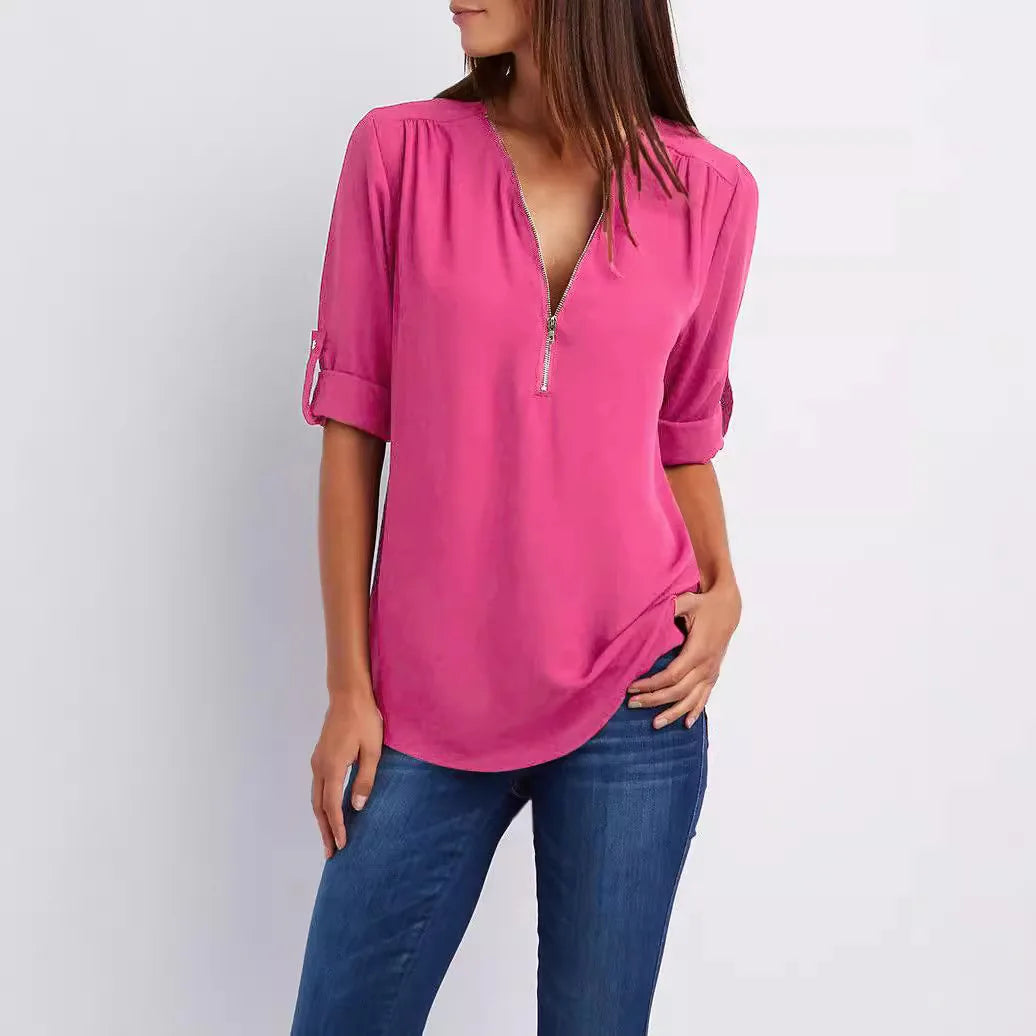 V-Neck Chiffon Blouse for Women  Casual Loose Fit Zipper Pullover Top