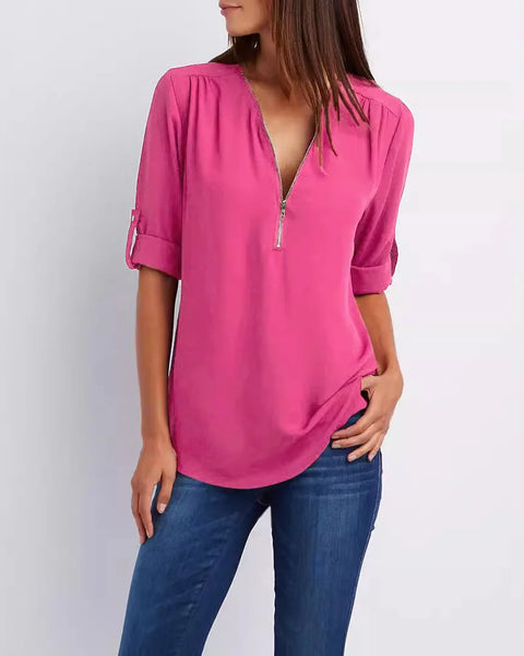 V-Neck Chiffon Blouse for Women  Casual Loose Fit Zipper Pullover Top