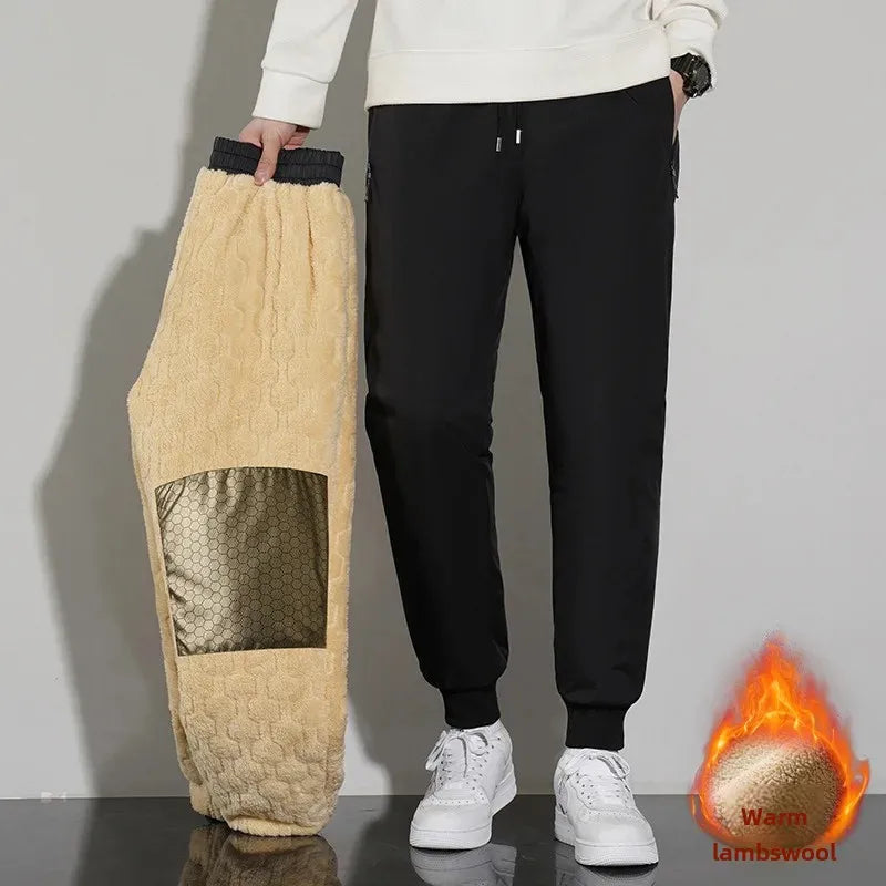 Men's Fleece-Lined Thickened Cotton Wadded Trousers: Casual Warm Sweatpants with Windproof Sheep Velvet