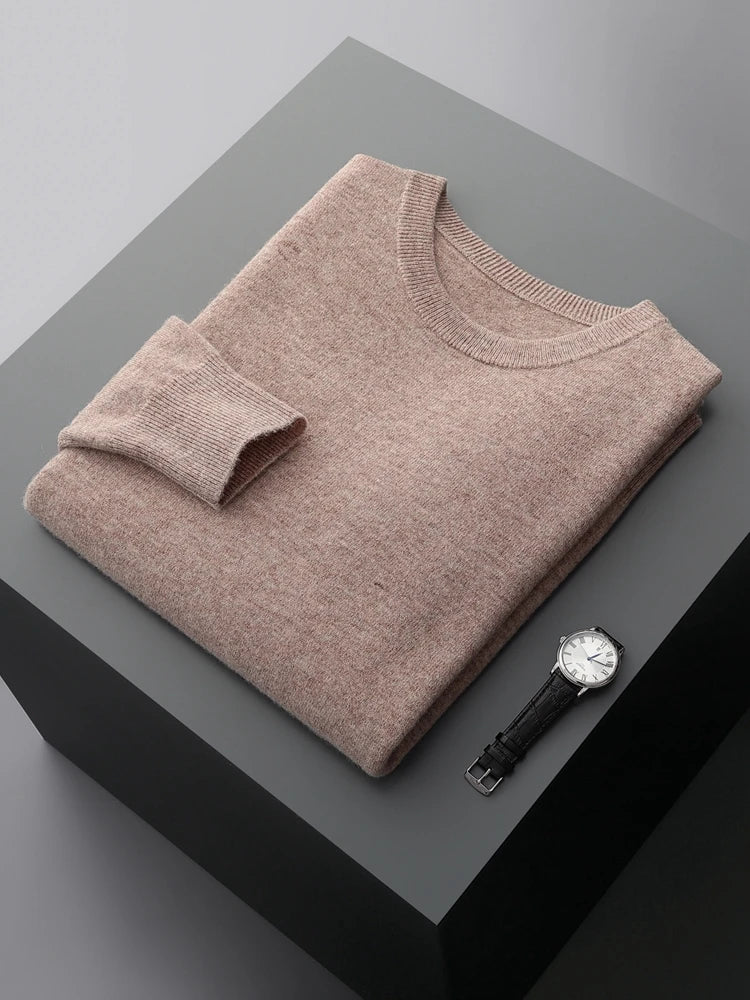 Men's 100% Pure Merino Wool Round Neck Pullover: Versatile Thin Solid Color Sweater for Autumn/Winter