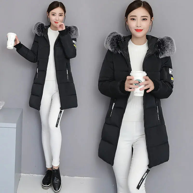 Women's High-Quality Hooded Parka Thick Cotton Padded Winter Coat with Fur Collar