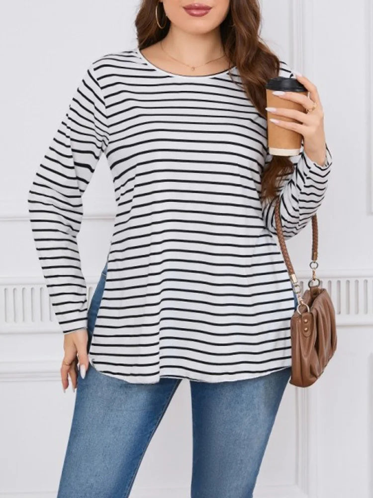 Striped Split O-Neck Long T Shirt