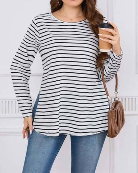 Striped Split O-Neck Long T Shirt