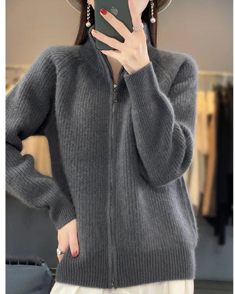 100% Pure Wool Zipper Cardigan Padded Shoulder Stand Collar Women's Cashmere Knitted Coat New Lapel Sweater