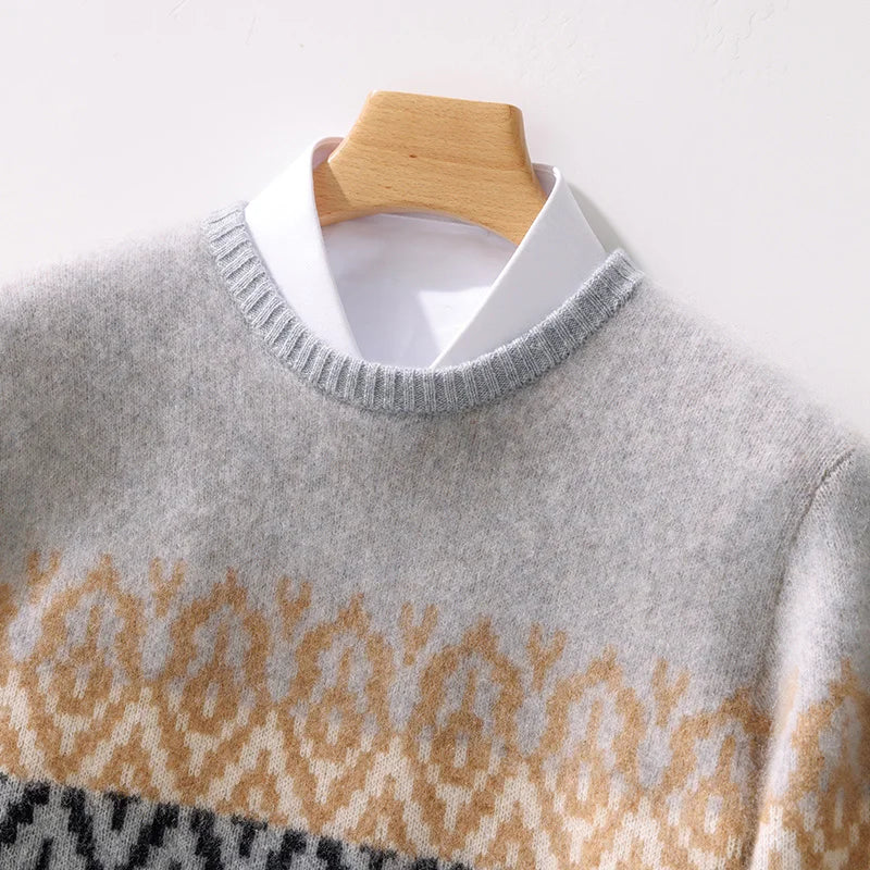 Men's 100% Pure Wool Round Neck Pullover: Thick Warm Ethnic Style Sweater for Autumn/Winter