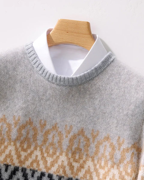 Men's 100% Pure Wool Round Neck Pullover: Thick Warm Ethnic Style Sweater for Autumn/Winter