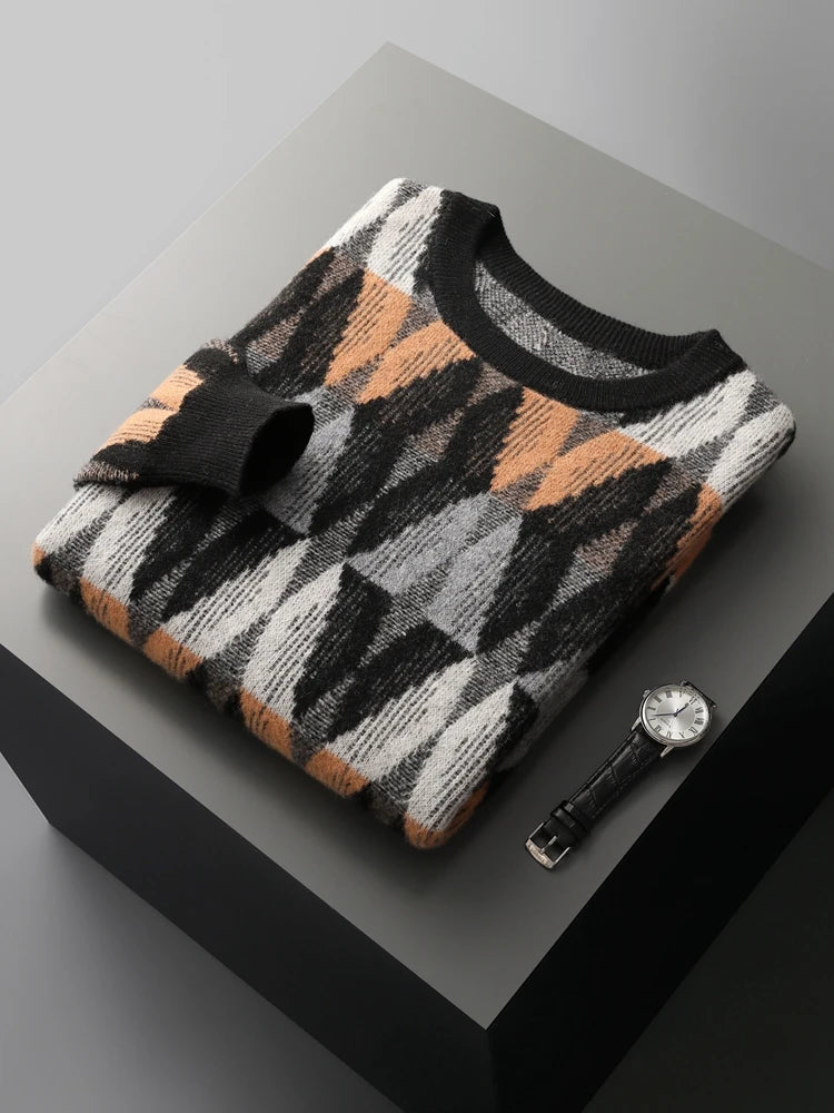 Men's 100% Merino Wool O-Neck Pullover: Vintage Jacquard Cashmere Sweater for Autumn/Winter