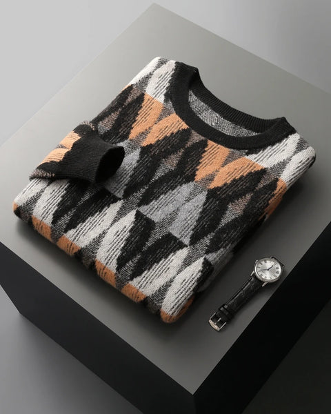 Men's 100% Merino Wool O-Neck Pullover: Vintage Jacquard Cashmere Sweater for Autumn/Winter