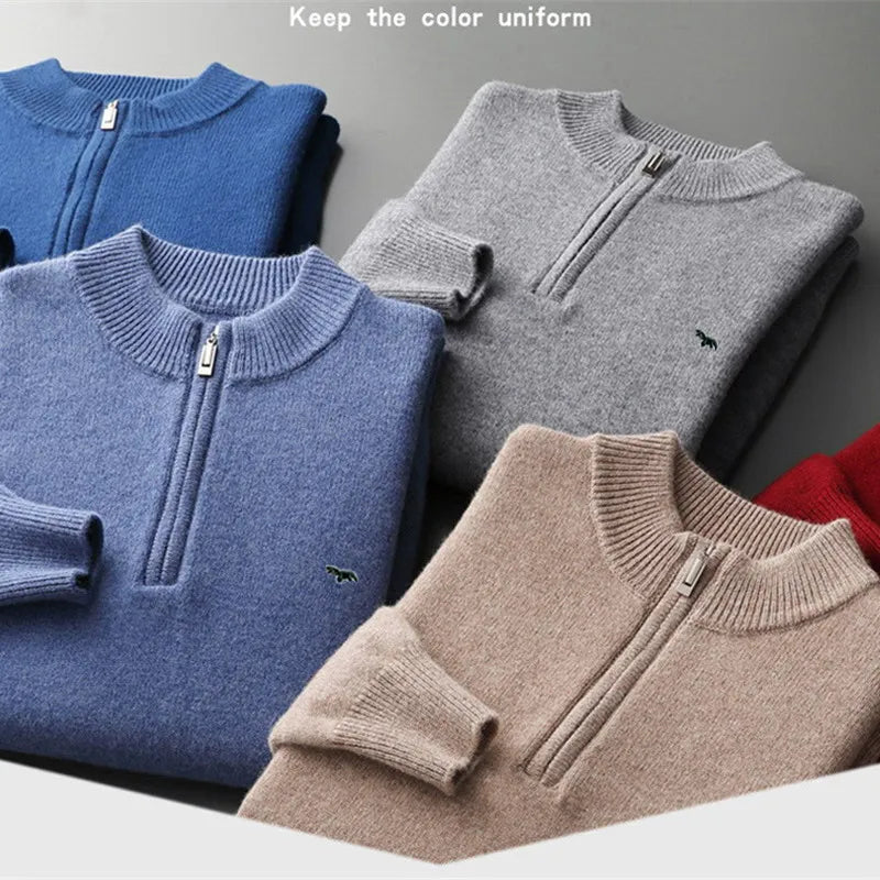 Men's Cashmere Knit Sweater: Large Size Half High Neck Zipper Pullover - High-End Woolen Top