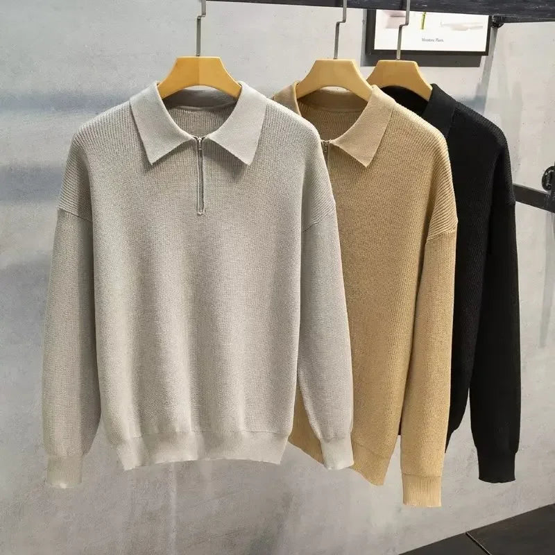 Men's Half-Zip Polo Collar Sweater: Casual Knitted Pullover for Autumn/Winter - Trendy Base Layer